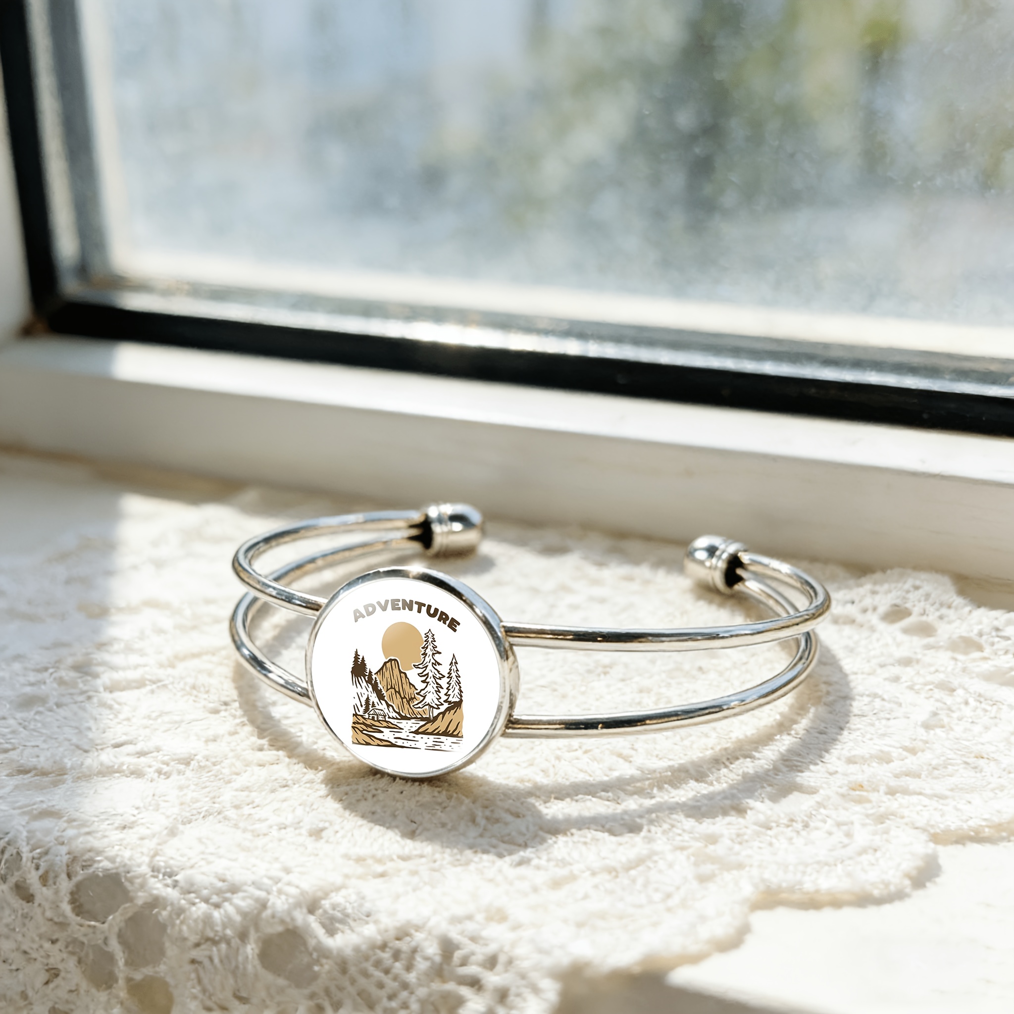 Adjustable Open Bangle Bracelet with Round Gem Inlay & Mountain Sunset Badge
